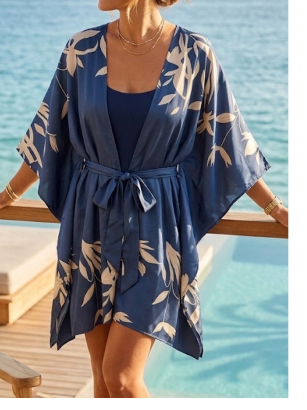 Cupshe Blue Floral Tie-Waist Kimono Cover-Up